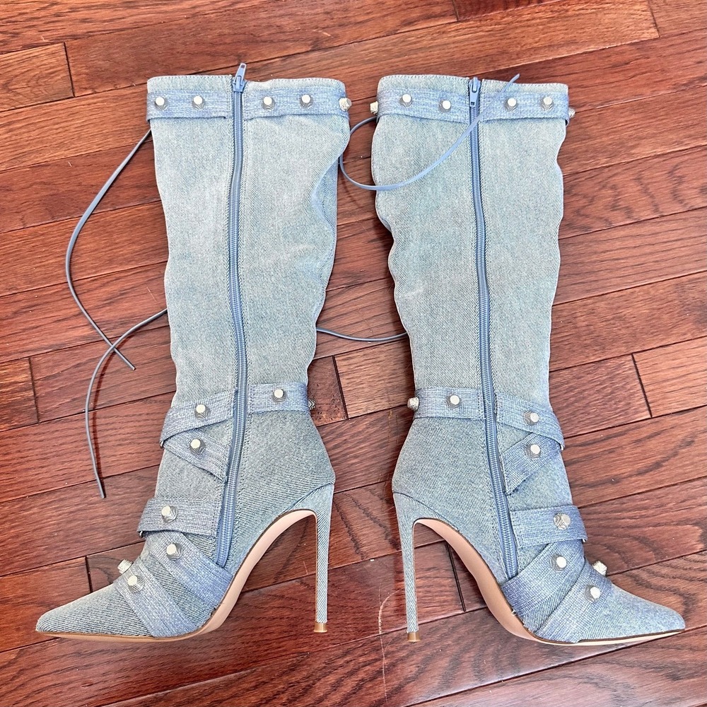 NEW Steve Madden Fink Light Denim Studded Y2K Below the Knee Heeled Boots 6.5 - Picture 9 of 11